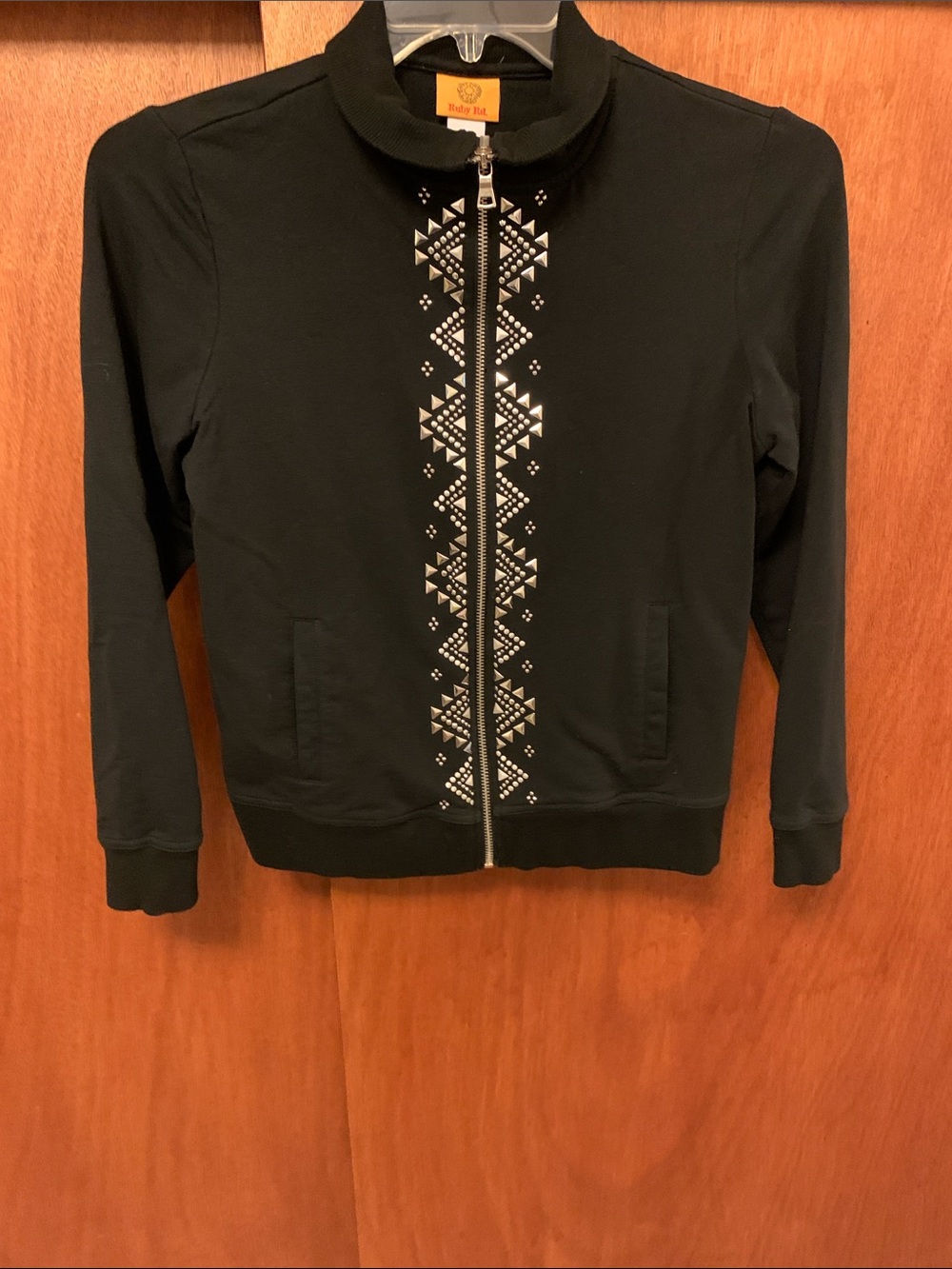 Ruby Rd. Black Bomber Jacket with Silver Geometric Trim